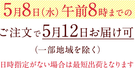 5月10日（金）午前11時までのご注文で5月12日お届け可（一部地域を除く）日時指定がない場合は最短出荷となります