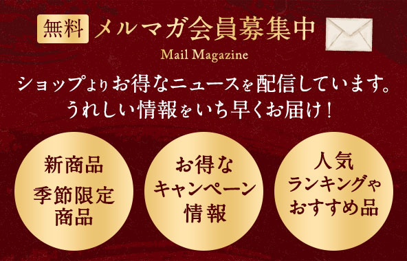 メールマガジンをご購読いただくと、新製品やセール情報をお届けします。またメールマガジン限定クーポンやプレゼントなどお得な情報をお届けします。